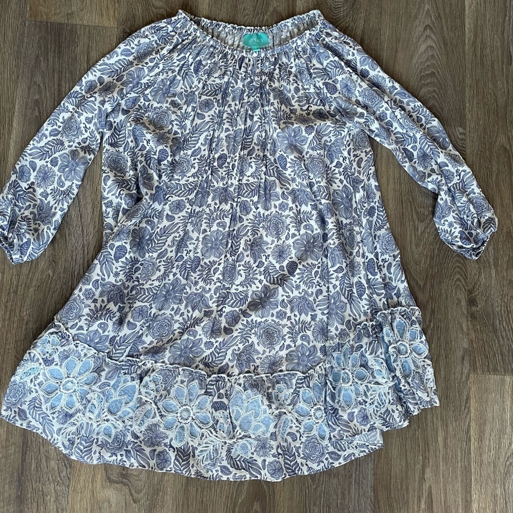 TAJ by Sabrina Crippa 100% Silk Floral Embroidered Boho Dress Blue White Small